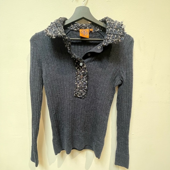 Tory Burch Gray Sweater with Textured Collar - Picture 1 of 6